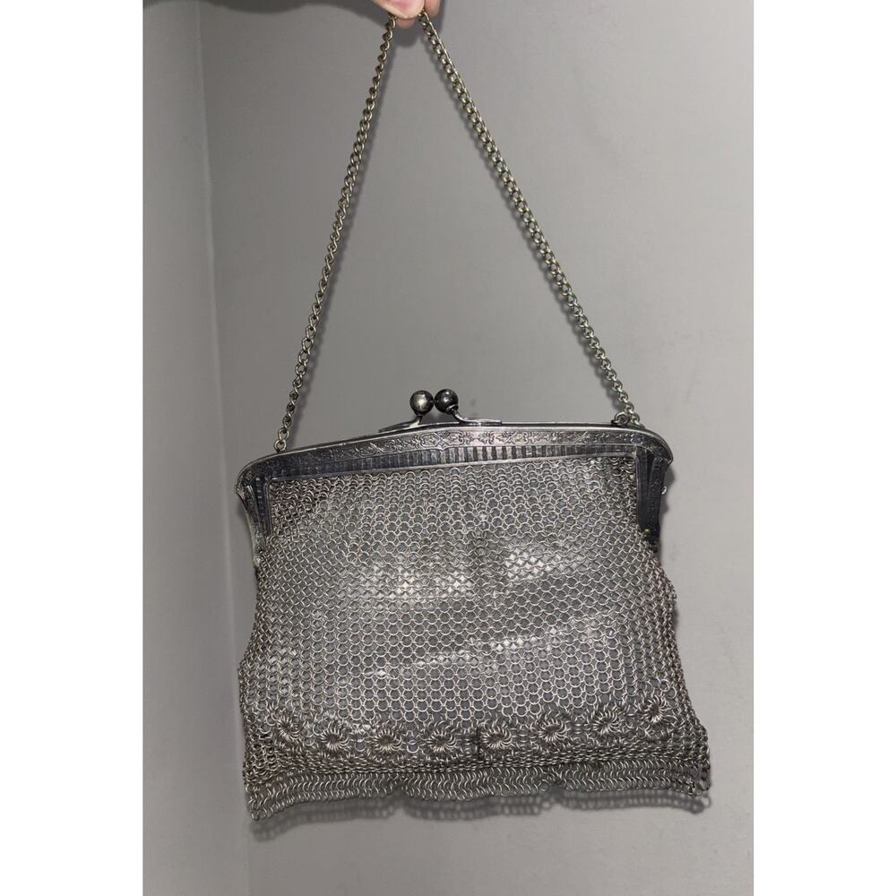 Antique German Silver Chain Mail Link Ornate Floral Mesh Framed Bag Purse